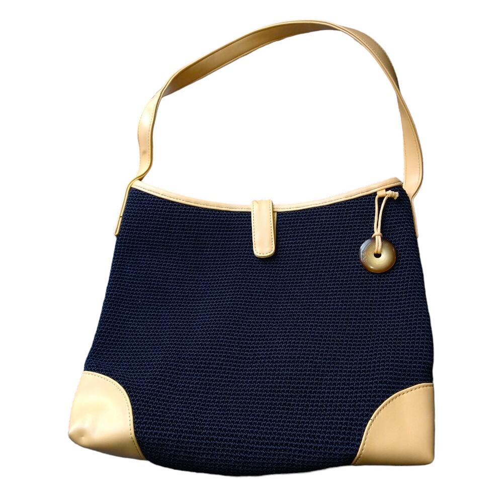 The Sak Navy Blue Crochet Shoulder Bag Tan Trim Boho Vintage Y2K